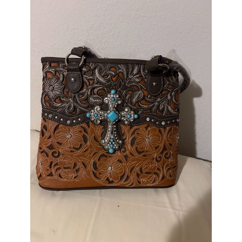 Western Tooled Leather‑Style Handbag w/ Turquoise Gem Cross – New